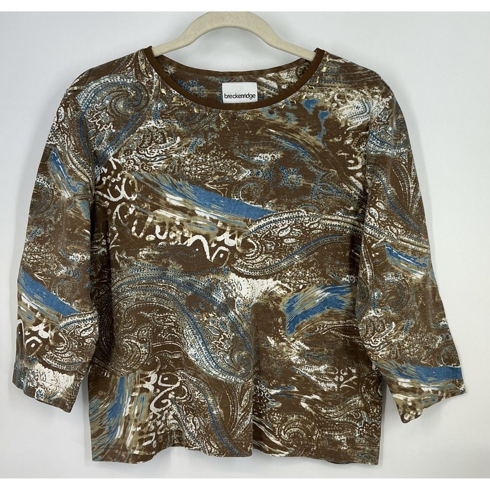 Breckenridge Brown Blue Boho Paisley Print 3/4 Sleeve Top Embellished Neckline M